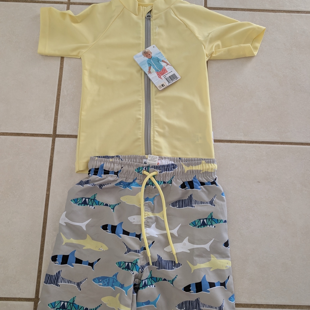 SwimZip Yellow Kids Rashguard Set with Shark Print